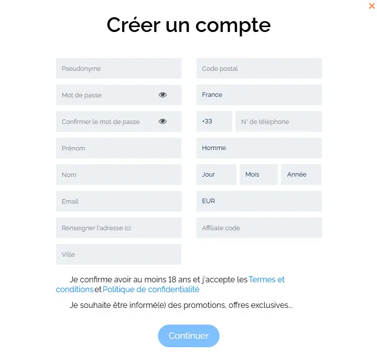 Processus d'inscription Millionz Casino